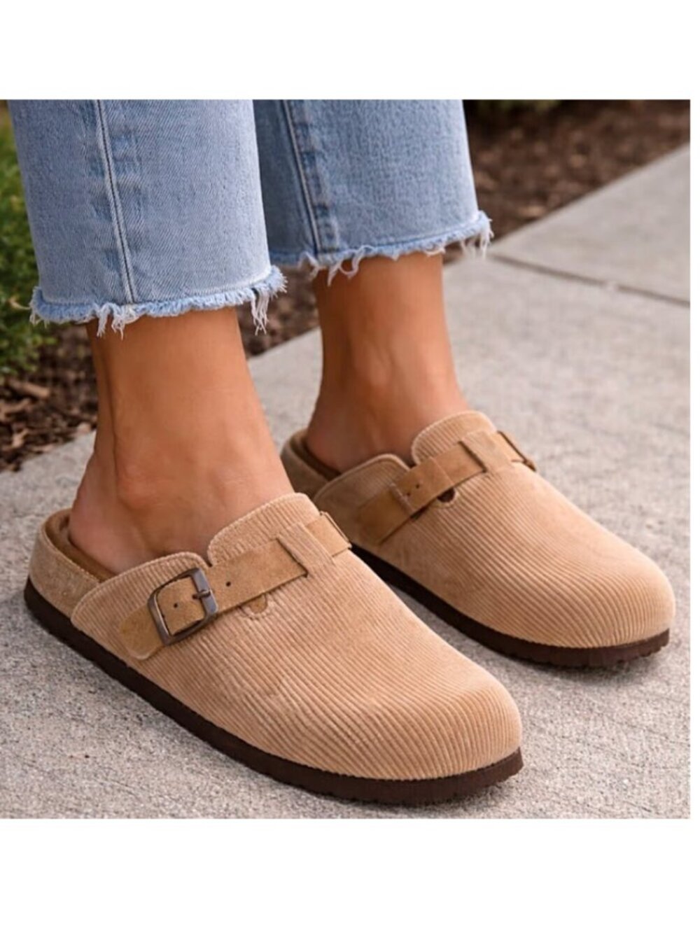 CUSHIONAIRE Corduroy Buckle Clogs Taupe